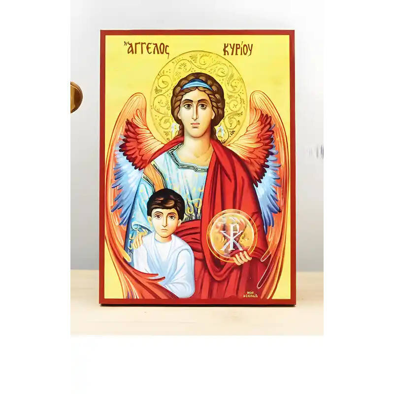 Σετ 2 τεμαχίων – Εικόνα Ορθοδοξίας με περίγραμμα χρυσό σε ξύλο Φλαμουρίας  με  βάση Angel of the Lord Protector of Children, Ξύλινη Χειροποίητη Εικόνα Ελληνικού Premium Βυζαντινού Στυλ Κρεμασμένο σε ξύλινη πλάκα Θρησκευτικό θέμα Χειροποίητη Ελληνορθόδοξη