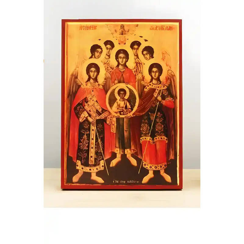 Εικόνα Ορθοδοξίας με περίγραμμα χρυσό σε ξύλο Φλαμουρίας  με  βάση Σύναξη Αρχαγγέλων με τον Ιησού Χριστό Παλιάς τεχνοτροπίας, Ξύλινη Χειροποίητη Εικόνα Ελληνική Premium Βυζαντινού Στυλ τοίχου Κρεμασμένη σε ξύλινη πλάκα Θρησκευτικό Χειροποίητη Ελληνορθόδοξ