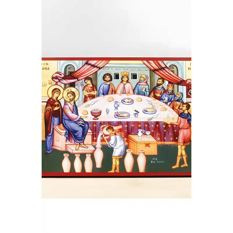 Εικόνα Ορθοδοξίας με περίγραμμα χρυσό σε ξύλο Φλαμουρίας  με  βάση Γάμος Ιησούς Χριστός στην Κανά, Ξύλινη Χειροποίητη Εικόνα Ελληνικού Premium Βυζαντινού Στυλ τοίχου που κρεμιέται σε ξύλινη πλάκα Ορθόδοξο θρησκευτικό θέμα Χειροποίητη Ελληνορθόδοξη εικόνα