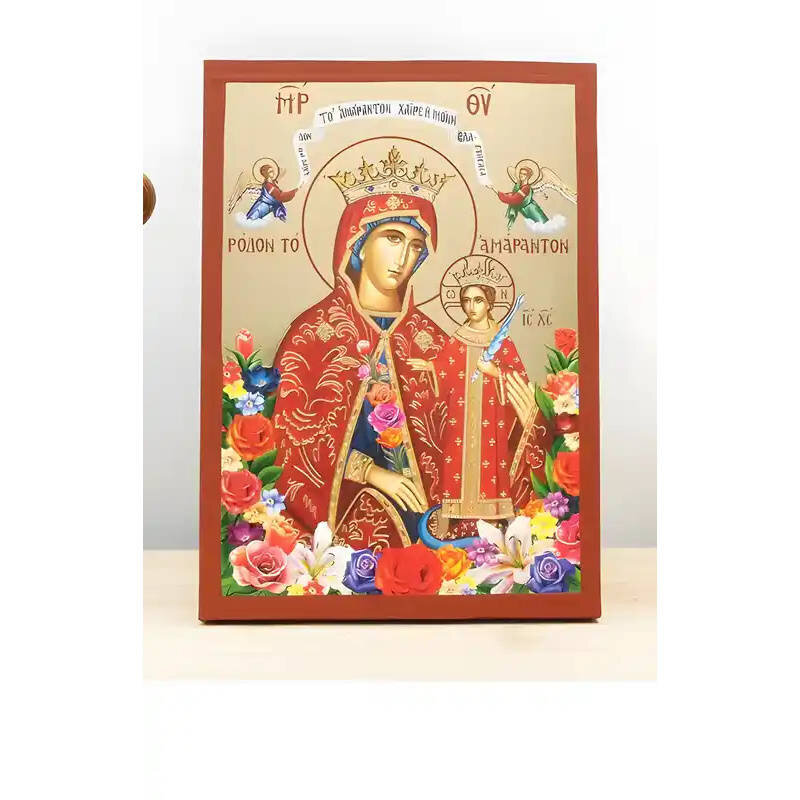 Εικόνα Ορθοδοξίας με περίγραμμα χρυσό σε ξύλο Φλαμουρίας  με  βάση Παναγία τα Αξεθώρια Τριαντάφυλλα με τον Ιησού, Ξύλινη Χειροποίητη Εικόνα με Ψηφιακή Εκτύπωση Ελληνικό Premium Βυζαντινού Στυλ Κρεμαστό τοίχου Θρησκευτικά Χειροποίητη Ελληνορθόδοξη εικόνα τ