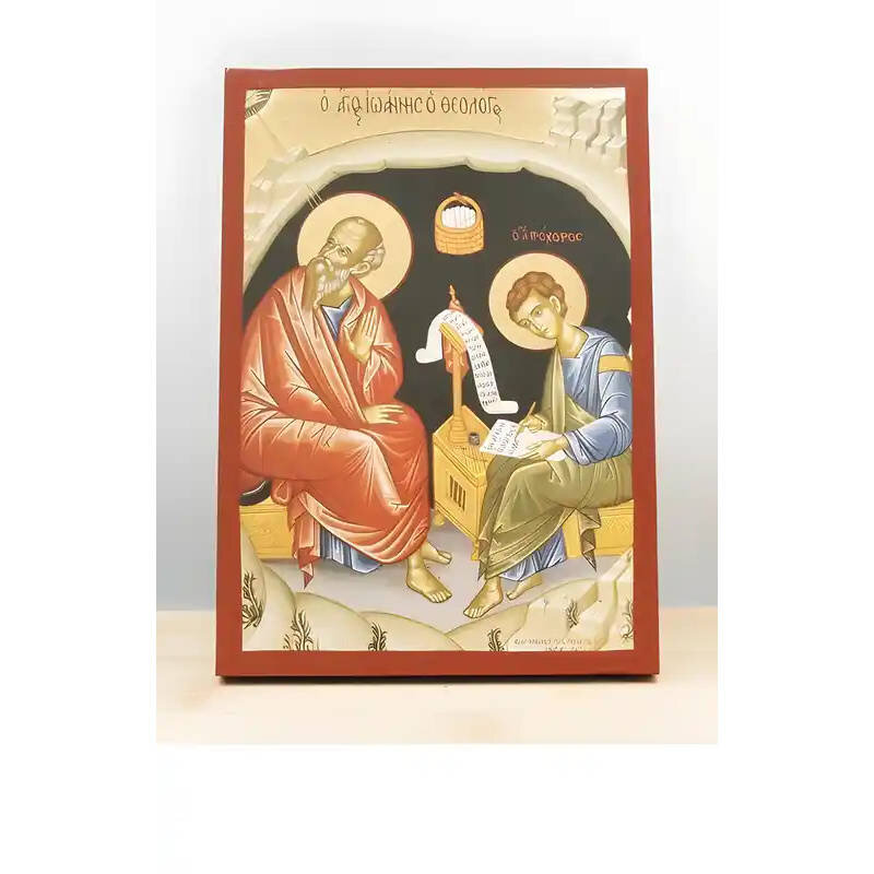 Εικόνα Ορθοδοξίας με περίγραμμα χρυσό σε ξύλο Φλαμουρίας  με  βάση Ο Άγιος Ιωάννης ο Θεολόγος στο Σπήλαιο της Αποκάλυψης, Ξύλινη Χειροποίητη Εικόνα με  Ψηφιακή Εκτύπωση Ελληνικής Βυζαντινής Τεχνολογίας Χειροποίητη Ελληνορθόδοξη εικόνα του Ιησού Χριστού, Κ