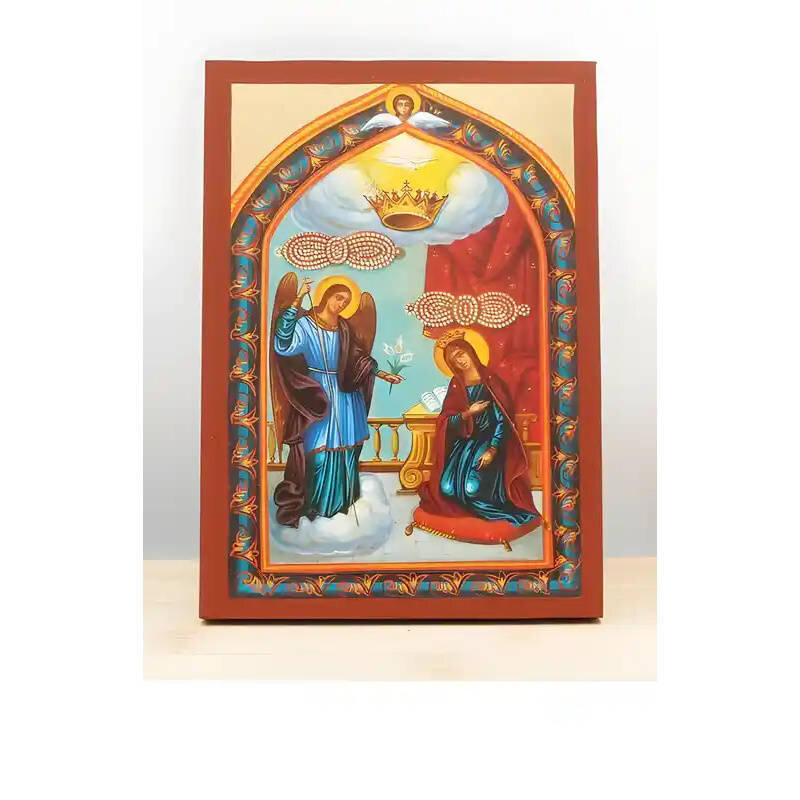 Σετ 2 τεμαχίων – Εικόνα Ορθοδοξίας με περίγραμμα χρυσό σε ξύλο Φλαμουρίας  με  βάση Ο Ευαγγελισμός της Θεοτόκου "Τήνος", Ξύλινη Χειροποίητη Εικόνα με Φύλλο Χρυσού Ελληνικού Premium Βυζαντινού Στυλ Επιτοίχια Θρησκευτικό Θέμα Χειροποίητη Ελληνορθόδοξη εικόν