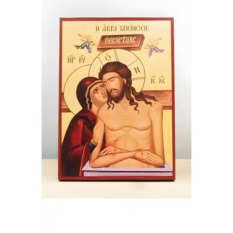 Εικόνα Ορθοδοξίας με περίγραμμα χρυσό σε ξύλο Φλαμουρίας  με  βάση Jesus Christ Man of Sorrows "Extreme Humility" με την Παναγία, Ξύλινη Χειροποίητη Εικόνα Ελληνικής Premium Βυζαντινού Στυλ Κρεμάστρα τοίχου Χειροποίητη Ελληνορθόδοξη εικόνα του Ιησού Χριστ