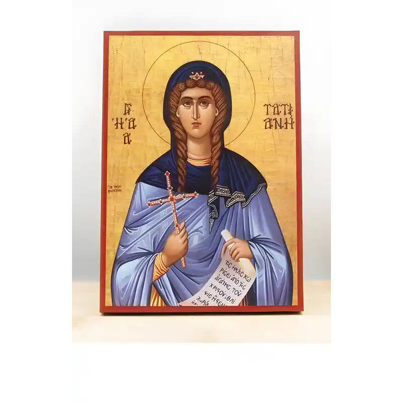 Σετ 2 τεμαχίων – Εικόνα Ορθοδοξίας με περίγραμμα χρυσό σε ξύλο Φλαμουρίας  με  βάση Αγία Τατιάνα της Ρώμης, Ξύλινη Χειροποίητη Εικόνα Ελληνικού Premium Βυζαντινού Στυλ Κρεμασμένη σε ξύλινη πλάκα Χειροποίητη Ελληνορθόδοξη εικόνα του Ιησού Χριστού, Κρεμαστή