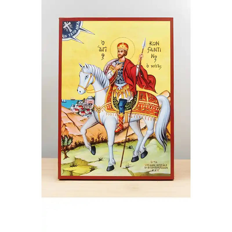 Σετ 2 τεμαχίων – Εικόνα Ορθοδοξίας με περίγραμμα χρυσό σε ξύλο Φλαμουρίας  με  βάση Ο Άγιος Κωνσταντίνος ο Μέγας έφιππος, Ξύλινη Χειροποίητη Εικόνα Ελληνικής Premium Βυζαντινού Στυλ Κρεμαστή σε ξύλινη πλάκα Χειροποίητη Ελληνορθόδοξη εικόνα του Ιησού Χριστ