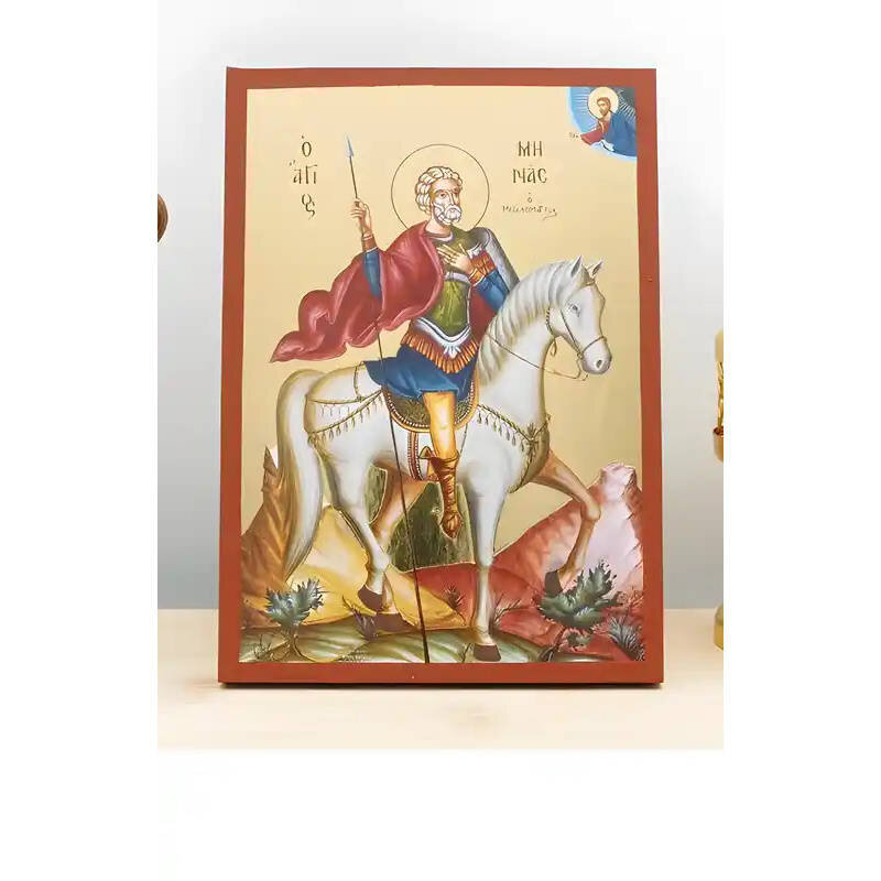 Σετ 2 τεμαχίων – Εικόνα Ορθοδοξίας με περίγραμμα χρυσό σε ξύλο Φλαμουρίας  με  βάση Άγιος Μηνάς της Αιγύπτου έφιππος, Ξύλινη χειροποίητη εικόνα μεΨηφιακή Εκτύπωση θρησκευτικό θέμα Ελληνικό Premium Βυζαντινού Στυλ σε τοίχο Χειροποίητη Ελληνορθόδοξη εικόνα