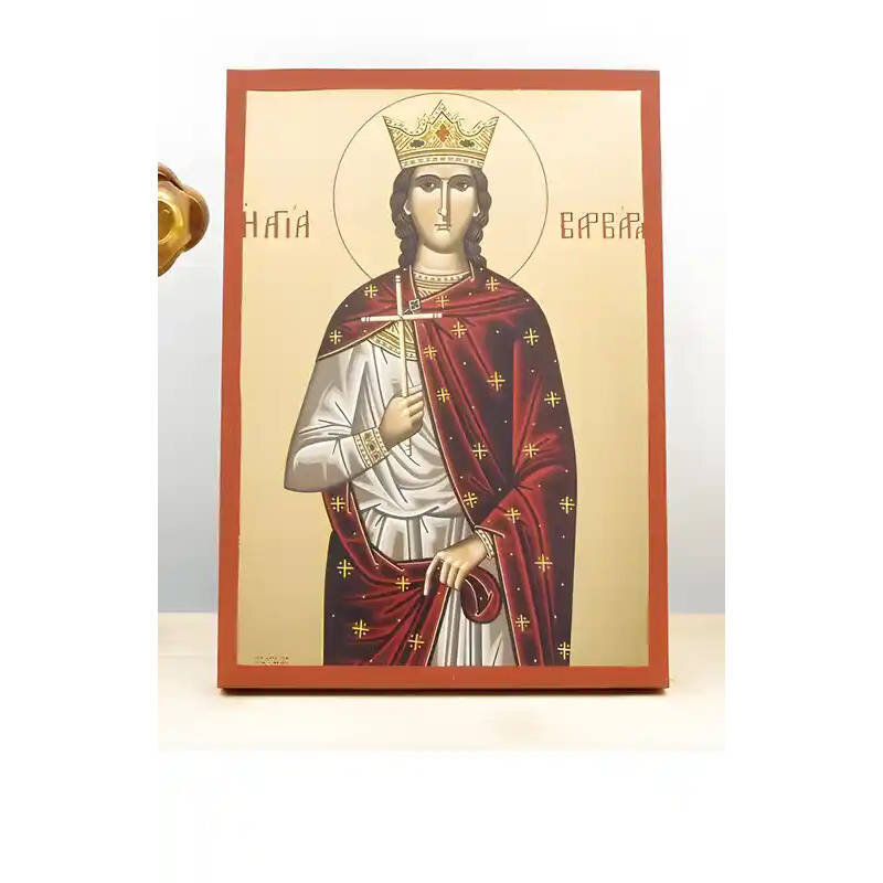 Σετ 2 τεμαχίων – Εικόνα Ορθοδοξίας με περίγραμμα χρυσό σε ξύλο Φλαμουρίας  με  βάση Αγία Βαρβάρα "Βαρβάρα" η Μεγαλομάρτυς, Ξύλινη Χειροποίητη Εικόνα με  Ψηφιακή Εκτύπωση Ελληνικό Premium Βυζαντινού Στυλ Κρεμαστό τοίχου Θρησκευτικό Θέμα Χειροποίητη Ελληνορ
