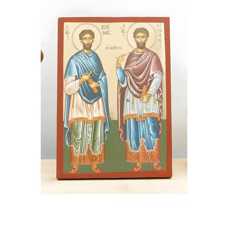 Σετ 2 τεμαχίων – Εικόνα Ορθοδοξίας με περίγραμμα χρυσό σε ξύλο Φλαμουρίας  με  βάση Άγιοι Άγιοι Ανεργοφόροι Κοσμάς και Δαμιανός, Ξύλινη Χειροποίητη Εικόνα με Φύλλο Χρυσού Ελληνικού Premium Βυζαντινού Στυλ Κρεμαστό τοίχου Θρησκευτικό Θέμα Χειροποίητη Ελλην
