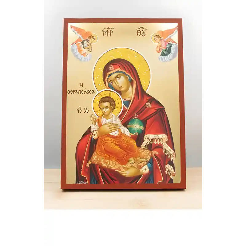 Εικόνα Ορθοδοξίας με περίγραμμα χρυσό σε ξύλο Φλαμουρίας  με  βάση Παναγία η Θεραπεύτρια «Θεραπούσα» με τον Ιησού, Ξύλινη Χειροποίητη Εικόνα με Ψηφιακή Εκτύπωση Ελληνικό Βυζαντινού ύφους Premium Κρεμασμένο σε Ξυλόπλακα Χειροποίητη Ελληνορθόδοξη εικόνα του