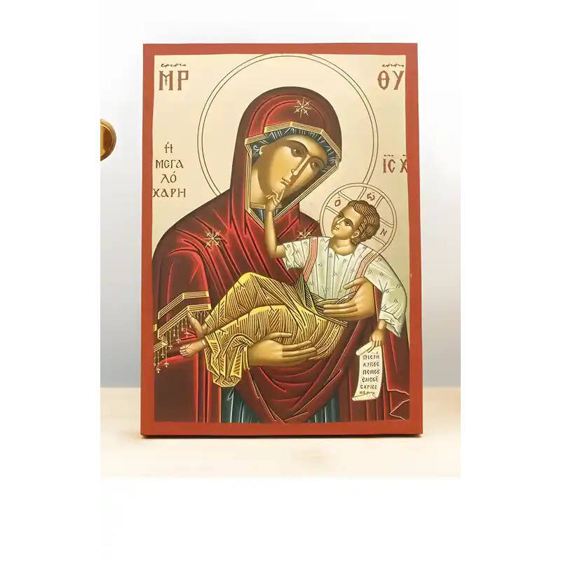 Εικόνα Ορθοδοξίας με περίγραμμα χρυσό σε ξύλο Φλαμουρίας  με  βάση Παναγία της Μεγάλης Χάριτος "Μεγαλόχαρη" με τον Ιησού, Ξύλινη Χειροποίητη Εικόνα με  Ψηφιακή Εκτύπωση Ελληνικό Premium Βυζαντινό Στυλ Κρεμαστό Θρησκευτικό Χειροποίητη Ελληνορθόδοξη εικόνα