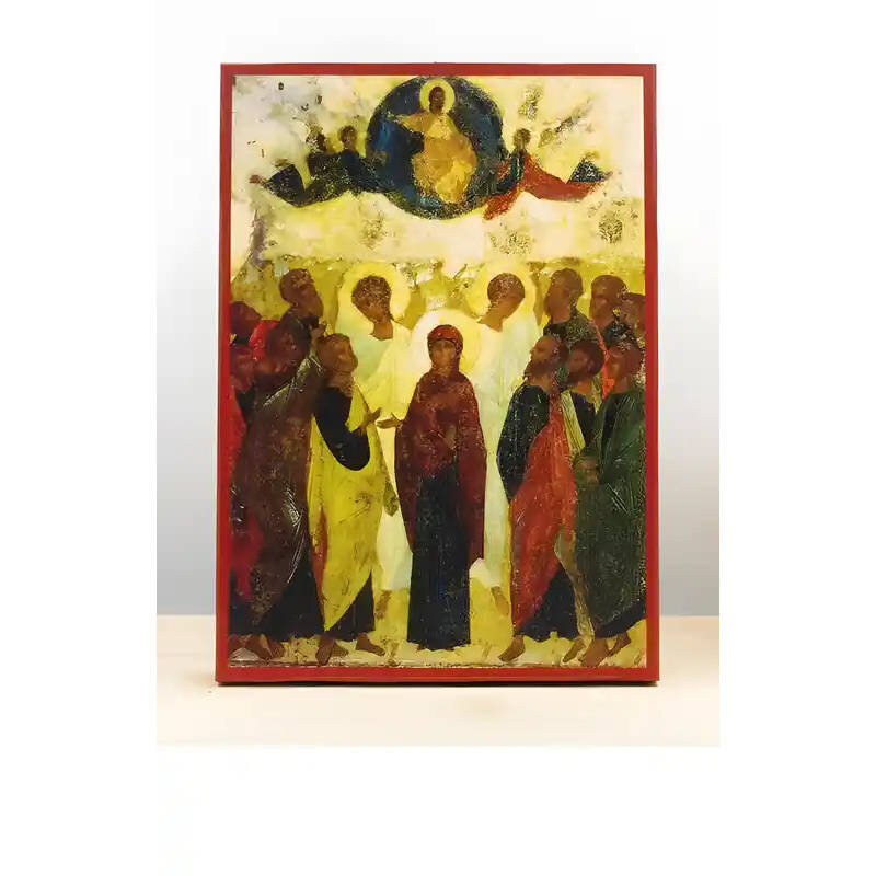 Σετ 2 τεμαχίων – Εικόνα Ορθοδοξίας με περίγραμμα χρυσό σε ξύλο Φλαμουρίας  με  βάση Η Ανάληψη του Ιησού Χριστού στους Ουρανούς Παλιό Στυλ, Ξύλινη Χειροποίητη Εικόνα Ελληνικού Premium Βυζαντινού Στυλ Κρεμασμένο σε ξύλινη πλάκα Θρησκευτικό Χειροποίητη Ελλην