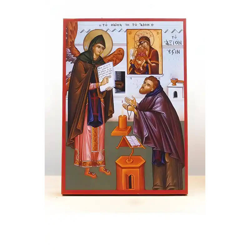 Εικόνα Ορθοδοξίας με περίγραμμα χρυσό σε ξύλο Φλαμουρίας  με  βάση The Miracle of Axion Esti, Ξύλινη Χειροποίητη Εικόνα Ελληνικού Premium Βυζαντινού Στυλ Κρεμαστή σε ξύλινη πλάκα Θρησκευτικό θέμα Χειροποίητη Ελληνορθόδοξη εικόνα του Ιησού Χριστού, Κρεμαστ