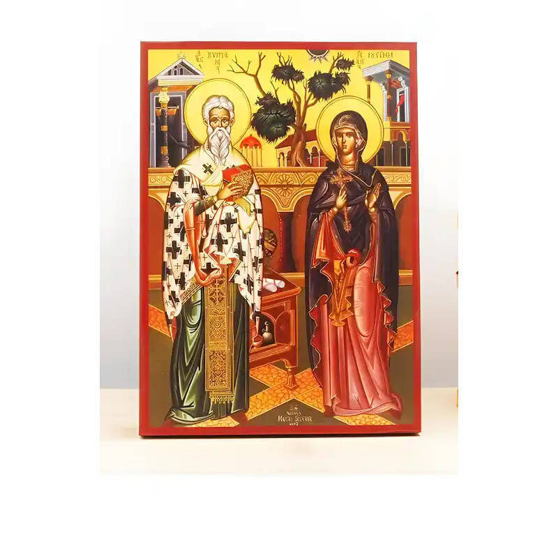 Σετ 2 τεμαχίων – Εικόνα Ορθοδοξίας με περίγραμμα χρυσό σε ξύλο Φλαμουρίας  με  βάση Άγιοι Κύπριος και Ιουστίνα, Ξύλινη Χειροποίητη Εικόνα Ελληνικού Premium Βυζαντινού Στυλ Κρεμαστή σε ξύλινη πλάκα Θρησκευτικό θέμα Χειροποίητη Ελληνορθόδοξη εικόνα του Ιησο