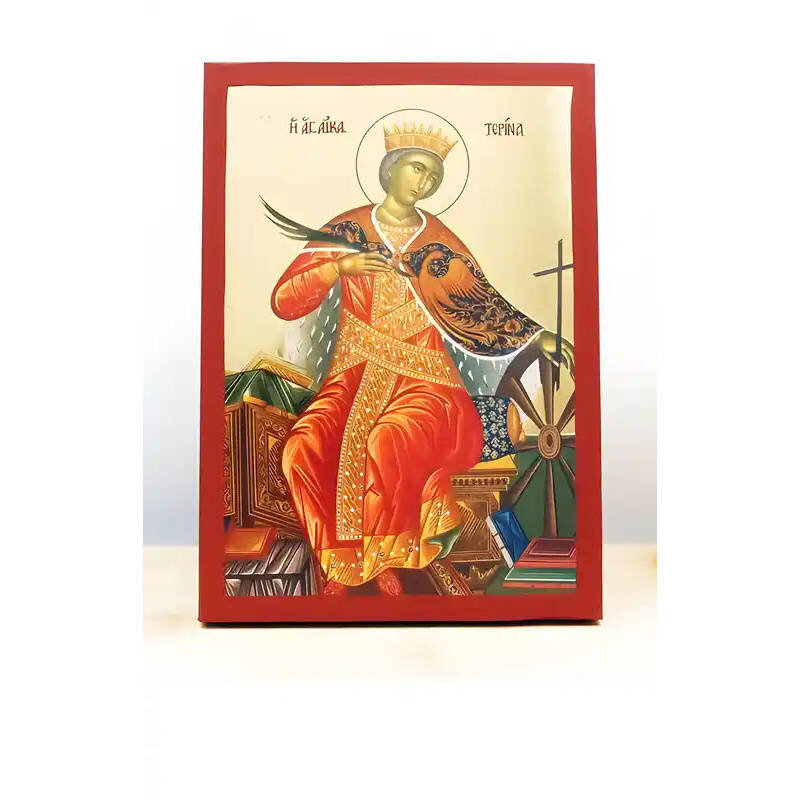 Εικόνα Ορθοδοξίας με περίγραμμα χρυσό σε ξύλο Φλαμουρίας  με  βάση Αγία Αικατερίνη της Αλεξάνδρειας, Ξύλινη Χειροποίητη Εικόνα μεΨηφιακή Εκτύπωση Ελληνικό Premium Βυζαντινού Στυλ Κρεμαστό στον τοίχο Θρησκευτικό Θέμα Χειροποίητη Ελληνορθόδοξη εικόνα του Ιη