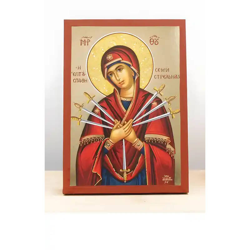 Εικόνα Ορθοδοξίας με περίγραμμα χρυσό σε ξύλο Φλαμουρίας  με  βάση Παναγία των Θλίψεων «Μαλακτικό των Καρδιών» Επταξίφη, Ξύλινη Χειροποίητη Εικόνα με  Ψηφιακή Εκτύπωση Ελληνικού Βυζαντινού Στυλ τοίχου Χειροποίητη Ελληνορθόδοξη εικόνα του Ιησού Χριστού, Κρ