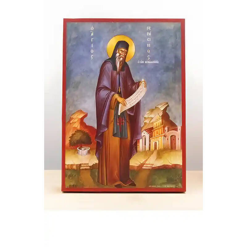 Εικόνα Ορθοδοξίας με περίγραμμα χρυσό σε ξύλο Φλαμουρίας  με  βάση Άγιος Γεράσιμος Κεφαλονίτης Ολόσωμος, Ξύλινη Χειροποίητη Εικόνα Ελληνικού Premium Βυζαντινού Στυλ Κρεμαστή σε ξύλινη πλάκα Θρησκευτικό θέμα Χειροποίητη Ελληνορθόδοξη εικόνα του Ιησού Χριστ