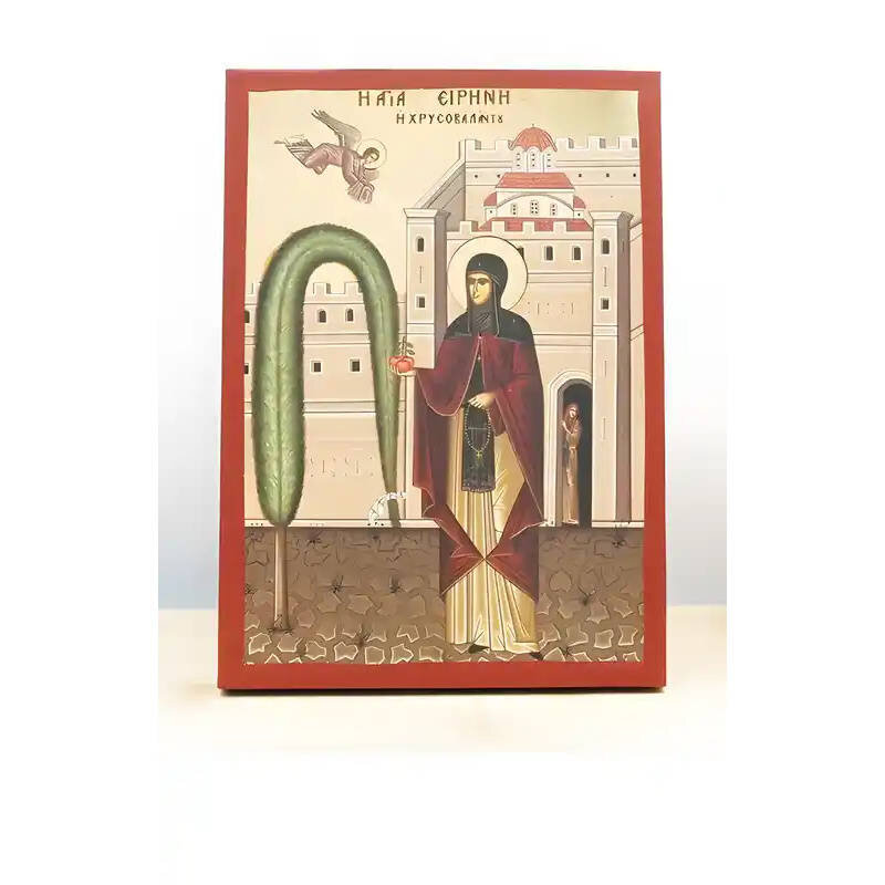 Εικόνα Ορθοδοξίας με περίγραμμα χρυσό σε ξύλο Φλαμουρίας  με  βάση Αγία Ειρήνη Χρυσοβαλάντου, Ξύλινη Χειροποίητη Εικόνα με Ψηφιακή Εκτύπωση Ελληνικό Premium Βυζαντινού Στυλ Κρεμαστό τοίχου Θρησκευτικό Θέμα Χειροποίητη Ελληνορθόδοξη εικόνα του Ιησού Χριστο