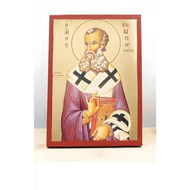 Εικόνα Ορθοδοξίας με περίγραμμα χρυσό σε ξύλο Φλαμουρίας  με  βάση Άγιος Αθανάσιος Αλεξανδρείας, Ξύλινη Χειροποίητη Εικόνα με Ψηφιακή Εκτύπωση Ελληνικό Premium Βυζαντινού Στυλ Κρεμαστό τοίχου Θρησκευτικό Θέμα Χειροποίητη Ελληνορθόδοξη εικόνα του Ιησού Χρι