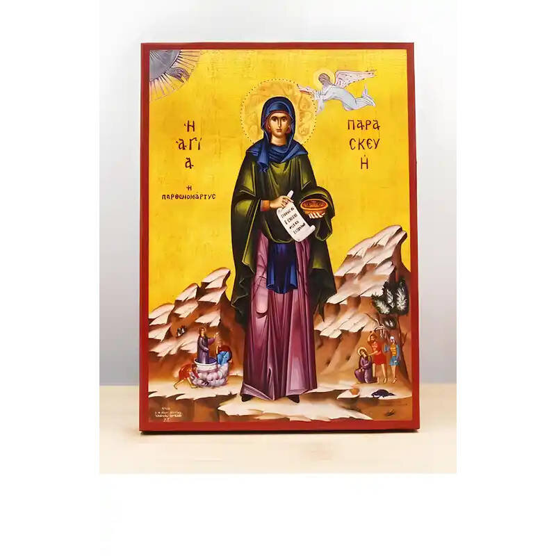 Εικόνα Ορθοδοξίας με περίγραμμα χρυσό σε ξύλο Φλαμουρίας  με  βάση Παρασκευή της Ρώμης Ολόσωμο, Ξύλινη Χειροποίητη Εικόνα Ελληνικού Premium Βυζαντινού Στυλ Κρεμασμένο σε ξύλινη πλάκα Χειροποίητη Ελληνορθόδοξη εικόνα του Ιησού Χριστού, Κρεμαστή πλάκα βυζαν