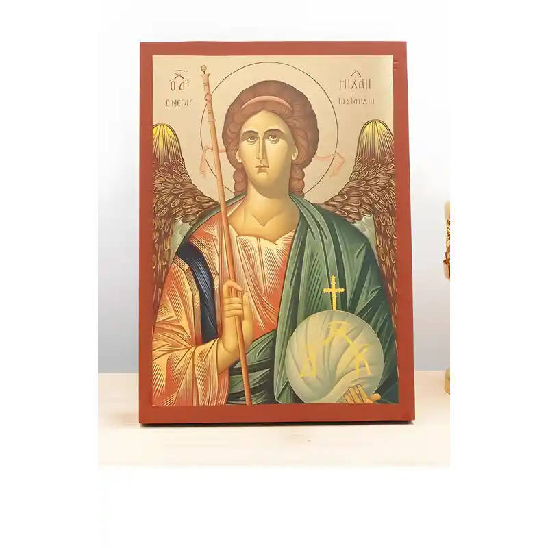 Εικόνα Ορθοδοξίας με περίγραμμα χρυσό σε ξύλο Φλαμουρίας  με  βάση Αρχάγγελος Μιχαήλ "Μέγας Ταξιάρξης", Ξύλινη Χειροποίητη Εικόνα μεΨηφιακή Εκτύπωση Ελληνικής Βυζαντινής τεχνοτροπίας Κρεμασμένη σε ξύλινη πλάκα Χειροποίητη Ελληνορθόδοξη εικόνα του Ιησού Χρ