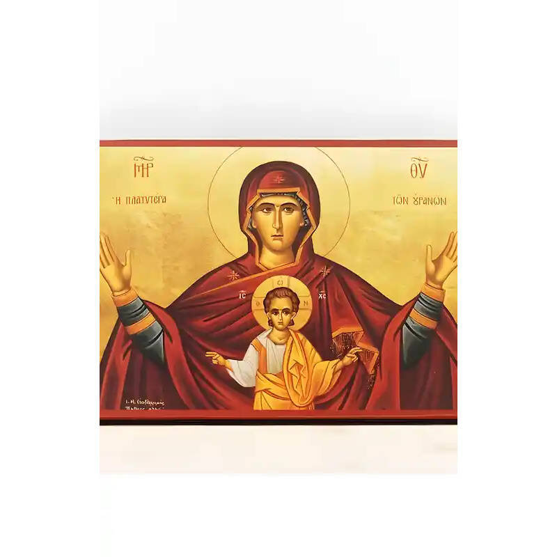 Εικόνα Ορθοδοξίας με περίγραμμα χρυσό σε ξύλο Φλαμουρίας  με  βάση Παναγία Πιο ευρύχωρη και από τους ουρανούς «Πλατυτέρα», Ξύλινη Χειροποίητη Εικόνα Ελληνικού Premium Βυζαντινού Στυλ Κρεμασμένο σε ξύλινη πλάκα Χειροποίητη Ελληνορθόδοξη εικόνα του Ιησού Χρ