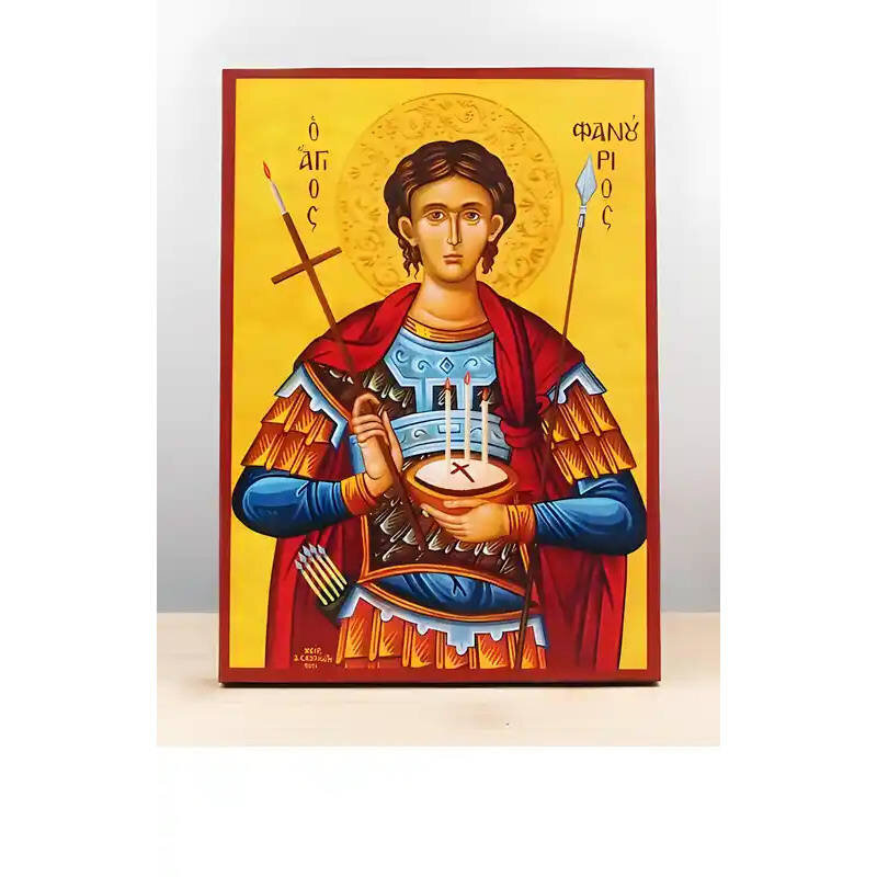 Σετ 2 τεμαχίων – Εικόνα Ορθοδοξίας με περίγραμμα χρυσό σε ξύλο Φλαμουρίας  με  βάση Ο Άγιος Φανούριος κρατά τη Φανουρόπιτα “Lost and Found Cake”, Ξύλινη Χειροποίητη Εικόνα Ελληνικής Premium Βυζαντινού Στυλ Κρεμασμένη σε ξύλινη πλάκα Χειροποίητη Ελληνορθόδ