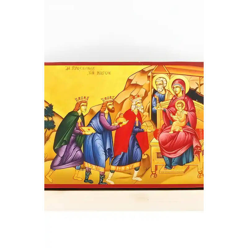 Εικόνα Ορθοδοξίας με περίγραμμα χρυσό σε ξύλο Φλαμουρίας  με  βάση Ο Ιησούς Χριστός Προσκύνηση των Μάγων, Ξύλινη Χειροποίητη Εικόνα Ελληνικής Premium Βυζαντινού Στυλ τοίχου Κρεμασμένη σε ξύλινη πλάκα Ορθόδοξο θρησκευτικό θέμα Χειροποίητη Ελληνορθόδοξη εικ