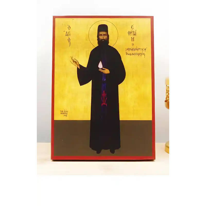 Εικόνα Ορθοδοξίας με περίγραμμα χρυσό σε ξύλο Φλαμουρίας  με  βάση Άγιος Εφραίμ Νέας Μάκρης ο Νεομάρτυς Ολόσωμος, Ξύλινη Χειροποίητη Εικόνα Ελληνικής Βυζαντινής Τεχνοτροπίας Κρεμαστή σε ξύλινη πλάκα Χειροποίητη Ελληνορθόδοξη εικόνα του Ιησού Χριστού, Κρεμ