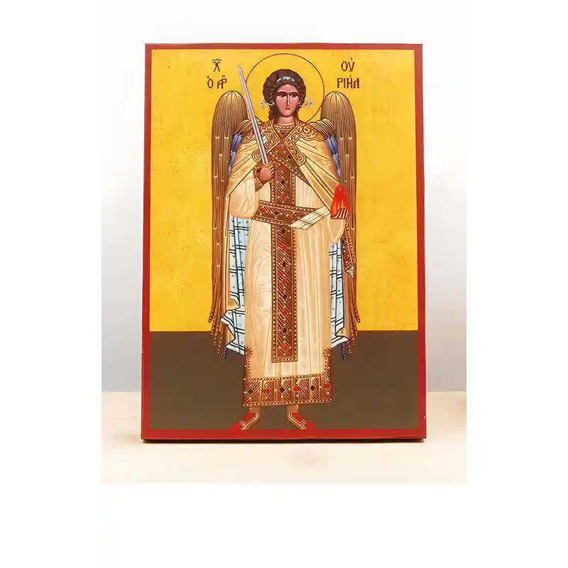Εικόνα Ορθοδοξίας με περίγραμμα χρυσό σε ξύλο Φλαμουρίας  με  βάση Αρχάγγελος Ουριήλ Ολόσωμο, Ξύλινη Χειροποίητη Εικόνα Ελληνικού Premium Βυζαντινού Στυλ Κρεμασμένο σε ξύλινη πλάκα Θρησκευτικό θέμα Χειροποίητη Ελληνορθόδοξη εικόνα του Ιησού Χριστού, Κρεμα