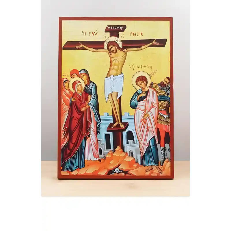 Εικόνα Ορθοδοξίας με περίγραμμα χρυσό σε ξύλο Φλαμουρίας  με  βάση Σταύρωση του Ιησού Χριστού, Ξύλινη Χειροποίητη Εικόνα Ελληνικού Premium Βυζαντινού Στυλ τοίχου Κρεμασμένη σε ξύλινη πλάκα Ορθόδοξο Θρησκευτικό Θέμα Χειροποίητη Ελληνορθόδοξη εικόνα του Ιησ