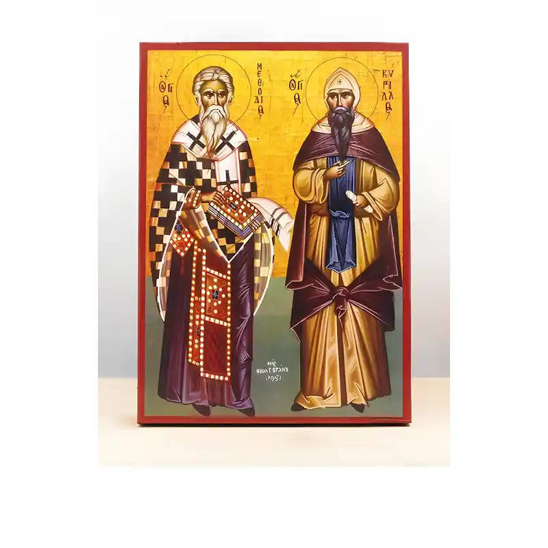 Εικόνα Ορθοδοξίας με περίγραμμα χρυσό σε ξύλο Φλαμουρίας  με  βάση Άγιοι Κύριλλος και Μεθόδιος, Ξύλινη Χειροποίητη Εικόνα Ελληνικού Βυζαντινού Στυλ Κρεμαστή σε ξύλινη πλάκα Χειροποίητη Ελληνορθόδοξη εικόνα του Ιησού Χριστού, Κρεμαστή πλάκα βυζαντινής τέχν