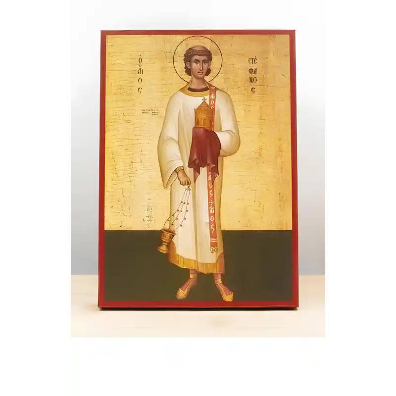 Εικόνα Ορθοδοξίας με περίγραμμα χρυσό σε ξύλο Φλαμουρίας  με  βάση Άγιος Στέφανος ο Πρωτομάρτυς, Ξύλινη Χειροποίητη Εικόνα Ελληνικού Βυζαντινού Στυλ Κρεμαστή σε ξύλινη πλάκα Θρησκευτικό θέμα Χειροποίητη Ελληνορθόδοξη εικόνα του Ιησού Χριστού, Κρεμαστή πλά