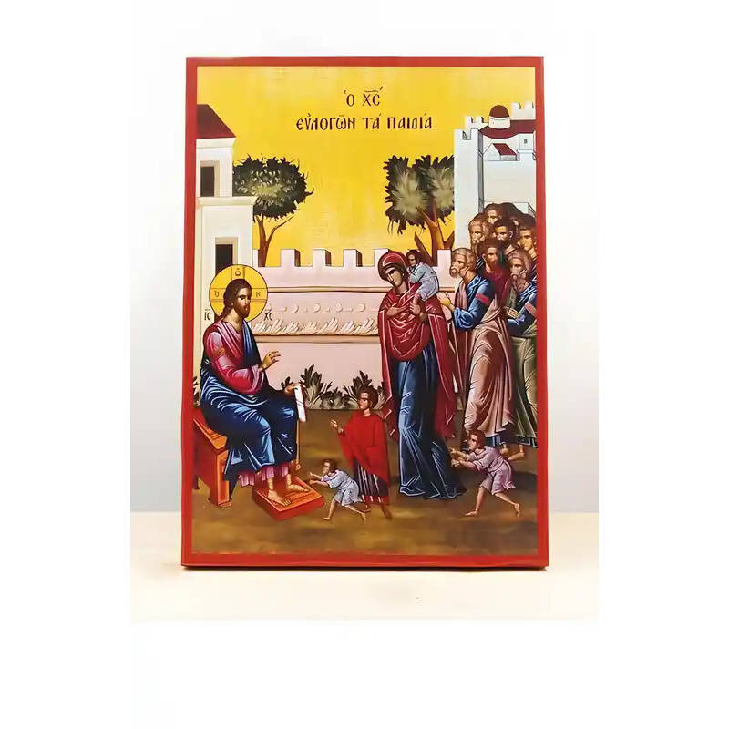 Εικόνα Ορθοδοξίας με περίγραμμα χρυσό σε ξύλο Φλαμουρίας  με  βάση Ο Ιησούς Χριστός Ευλογεί τα Παιδιά, Ξύλινη Χειροποίητη Εικόνα Ελληνικού Premium Βυζαντινού Στυλ Κρεμασμένο σε ξύλινη πλάκα Ορθόδοξο Θρησκευτικό Θέμα Χειροποίητη Ελληνορθόδοξη εικόνα του Ιη