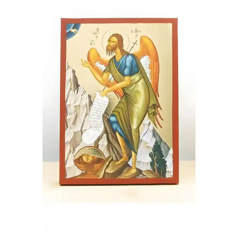 Εικόνα Ορθοδοξίας με περίγραμμα χρυσό σε ξύλο Φλαμουρίας  με  βάση Άγιος Ιωάννης ο Βαπτιστής Άγγελος της Ερήμου, Ξύλινη Χειροποίητη Εικόνα με Ψηφιακή Εκτύπωση Ελληνικό Premium Βυζαντινού Στυλ Κρεμαστό στον τοίχο θρησκευτικό θέμα Χειροποίητη Ελληνορθόδοξη
