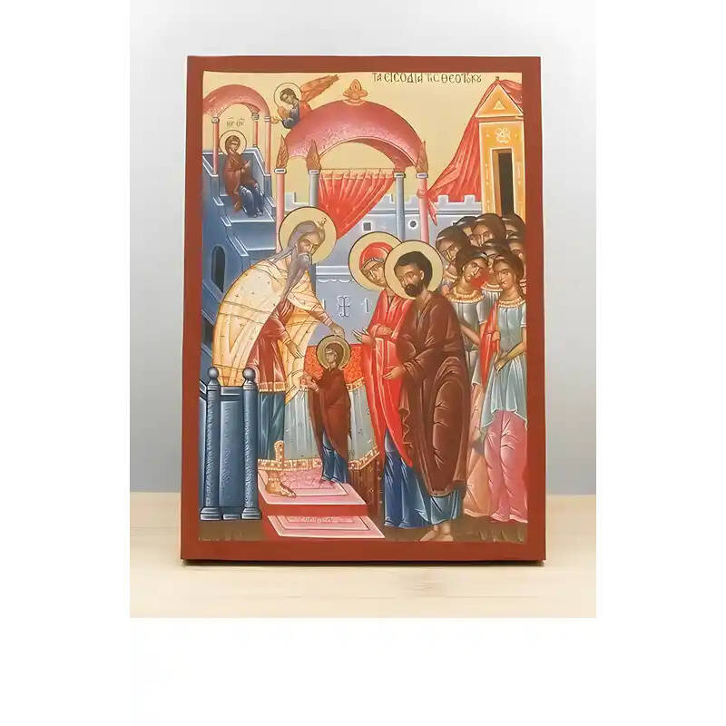 Εικόνα Ορθοδοξίας με περίγραμμα χρυσό σε ξύλο Φλαμουρίας  με  βάση Η είσοδος της Παναγίας στο Ναό, Ξύλινη Χειροποίητη Εικόνα με Φύλλο Χρυσού Ελληνικού Premium Βυζαντινού Στυλ Κρεμαστό τοίχου Θρησκευτικό Θέμα Χειροποίητη Ελληνορθόδοξη εικόνα του Ιησού Χρισ