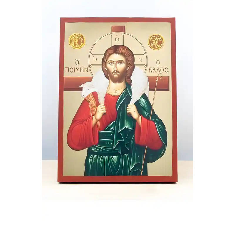 Εικόνα Ορθοδοξίας με περίγραμμα χρυσό σε ξύλο Φλαμουρίας  με  βάση Ιησούς Χριστός ο Καλός Ποιμένας, Ξύλινη Χειροποίητη Εικόνα μεΨηφιακή Εκτύπωση Ελληνικού Premium Βυζαντινού Στυλ Κρεμασμένο σε ξύλινη πλάκα Θρησκευτικό Θέμα Χειροποίητη Ελληνορθόδοξη εικόνα