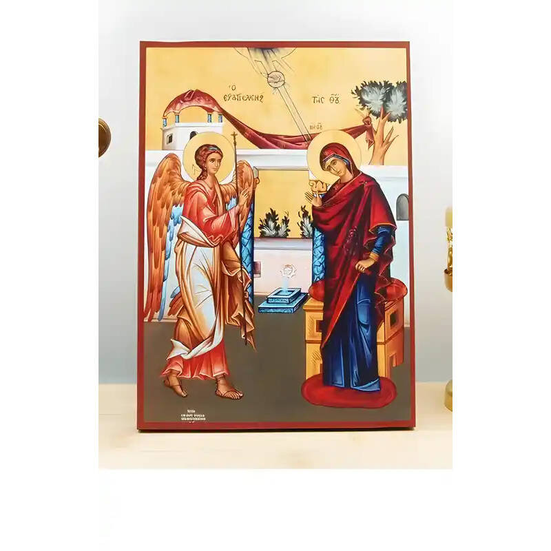 Εικόνα Ορθοδοξίας με περίγραμμα χρυσό σε ξύλο Φλαμουρίας  με  βάση Ο Ευαγγελισμός της Θεοτόκου, Ξύλινη Χειροποίητη Εικόνα Ελληνικού Premium Βυζαντινού Στυλ Κρεμαστή σε ξύλινη πλάκα Θρησκευτικό θέμα Χειροποίητη Ελληνορθόδοξη εικόνα του Ιησού Χριστού, Κρεμα