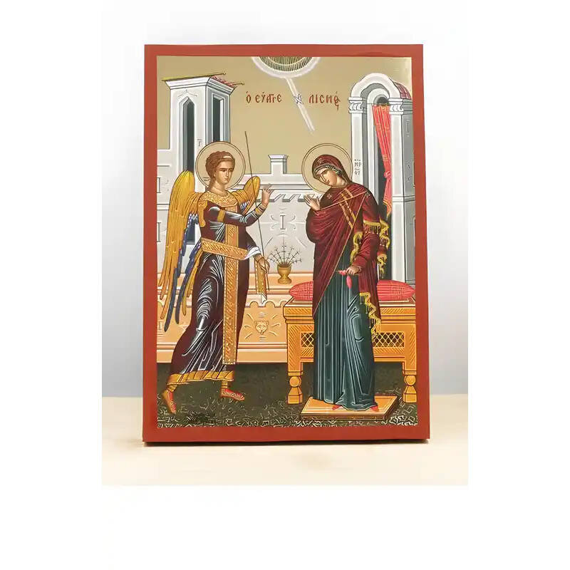 Εικόνα Ορθοδοξίας με περίγραμμα χρυσό σε ξύλο Φλαμουρίας  με  βάση Ευαγγελισμός της Θεοτόκου, Ξύλινη Χειροποίητη Εικόνα με Ψηφιακή Εκτύπωση Ελληνικό Premium Βυζαντινού Στυλ Κρεμαστό στον τοίχο Θρησκευτικό Θέμα Χειροποίητη Ελληνορθόδοξη εικόνα του Ιησού Χρ