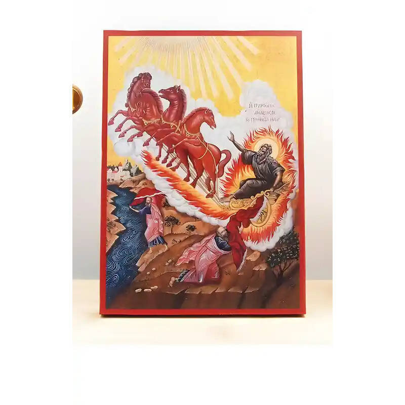 Εικόνα Ορθοδοξίας με περίγραμμα χρυσό σε ξύλο Φλαμουρίας  με  βάση Άγιος Προφήτης Ηλίας ή Ηλίας Ανάληψη στους Ουρανούς, Ξύλινη Χειροποίητη Εικόνα Ελληνικού Βυζαντινού Στυλ τοίχου Κρεμασμένη σε ξύλινη πλάκα Χειροποίητη Ελληνορθόδοξη εικόνα του Ιησού Χριστο