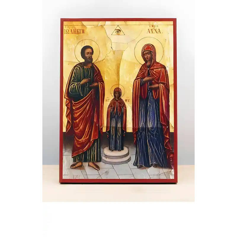 Εικόνα Ορθοδοξίας με περίγραμμα χρυσό σε ξύλο Φλαμουρίας  με  βάση Οι Άγιοι Ιωακείμ και Άννα με την κόρη τους την Παναγία, Ξύλινη Χειροποίητη Εικόνα Ελληνικής Βυζαντινής Στυλ Κρεμαστή σε Τοίχο Ηλικιωμένο Χειροποίητη Ελληνορθόδοξη εικόνα του Ιησού Χριστού,
