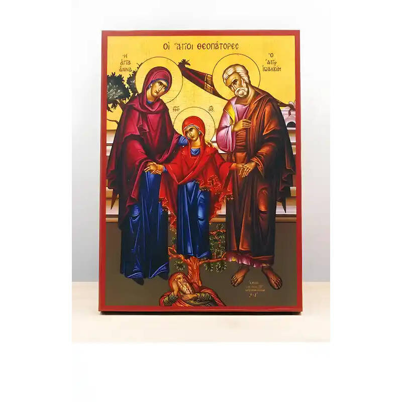 Εικόνα Ορθοδοξίας με περίγραμμα χρυσό σε ξύλο Φλαμουρίας  με  βάση Οι Άγιοι Ιωακείμ και Άννα με την κόρη τους την Παναγία, Ξύλινη Χειροποίητη Εικόνα Ελληνικού Βυζαντινού Στυλ Κρεμασμένη σε Πλάκα Χειροποίητη Ελληνορθόδοξη εικόνα του Ιησού Χριστού, Κρεμαστή
