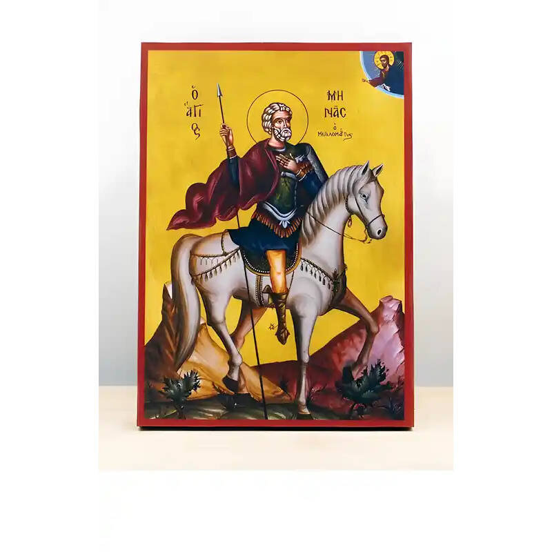 Εικόνα Ορθοδοξίας με περίγραμμα χρυσό σε ξύλο Φλαμουρίας  με  βάση Άγιος Μηνάς της Αιγύπτου έφιππος, Ξύλινη Χειροποίητη Εικόνα Ελληνικής Premium Βυζαντινής τεχνοτροπίας Κρεμασμένη σε ξύλινη πλάκα Χειροποίητη Ελληνορθόδοξη εικόνα του Ιησού Χριστού, Κρεμαστ