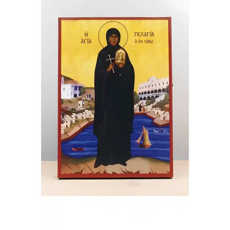 Εικόνα Ορθοδοξίας με περίγραμμα χρυσό σε ξύλο Φλαμουρίας  με  βάση Αγία Πελαγία Τήνου Ολόσωμο, Ξύλινη Χειροποίητη Εικόνα Ελληνικού Βυζαντινού Στυλ Κρεμαστή σε ξύλινη πλάκα Θρησκευτικό Θέμα Χειροποίητη Ελληνορθόδοξη εικόνα του Ιησού Χριστού, Κρεμαστή πλάκα