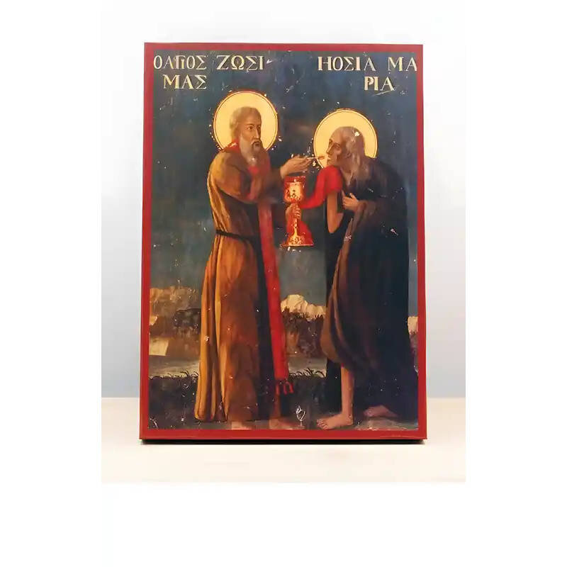 Εικόνα Ορθοδοξίας με περίγραμμα χρυσό σε ξύλο Φλαμουρίας  με  βάση Ο Άγιος Ζωσιμάς Κοινωνεί την Αγία Μαρία την Αιγυπτία, Ξύλινη Χειροποίητη Εικόνα Ελληνικού Βυζαντινού Στυλ Κρεμασμένη σε Ξυλόπλακα Χειροποίητη Ελληνορθόδοξη εικόνα του Ιησού Χριστού, Κρεμασ