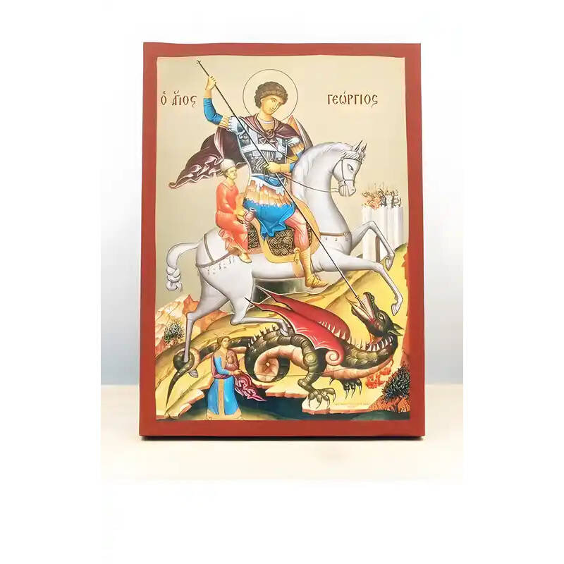 Εικόνα Ορθοδοξίας με περίγραμμα χρυσό σε ξύλο Φλαμουρίας  με  βάση Άγιος Γεώργιος της Λύδας, Ξύλινη Χειροποίητη Εικόνα με Ψηφιακή Εκτύπωση Ελληνικό Premium Βυζαντινού Στυλ Κρεμαστό τοίχου Θρησκευτικό Θέμα Χειροποίητη Ελληνορθόδοξη εικόνα του Ιησού Χριστού