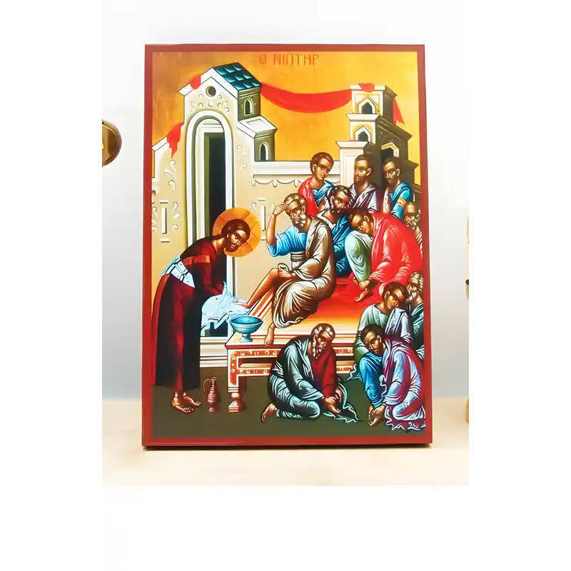 Σετ 2 τεμαχίων – Εικόνα Ορθοδοξίας με περίγραμμα χρυσό σε ξύλο Φλαμουρίας  με  βάση The Washbowl, Ιησούς Χριστός που πλένει τα πόδια των Αποστόλων, Ξύλινη Χειροποίητη Εικόνα Ελληνικού Premium Βυζαντινού Στυλ τοίχου Κρεμασμένη σε ξύλινη πλάκα Θρησκευτικό Χ