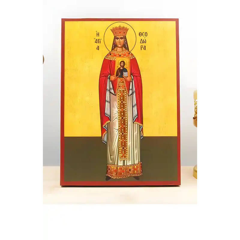 Εικόνα Ορθοδοξίας με περίγραμμα χρυσό σε ξύλο Φλαμουρίας  με  βάση Αγία Θεοδώρα η Αυτοκράτειρα, Ξύλινη Χειροποίητη Εικόνα Ελληνικού Βυζαντινού Στυλ Κρεμαστή σε ξύλινη πλάκα Χειροποίητη Ελληνορθόδοξη εικόνα του Ιησού Χριστού, Κρεμαστή πλάκα βυζαντινής τέχν