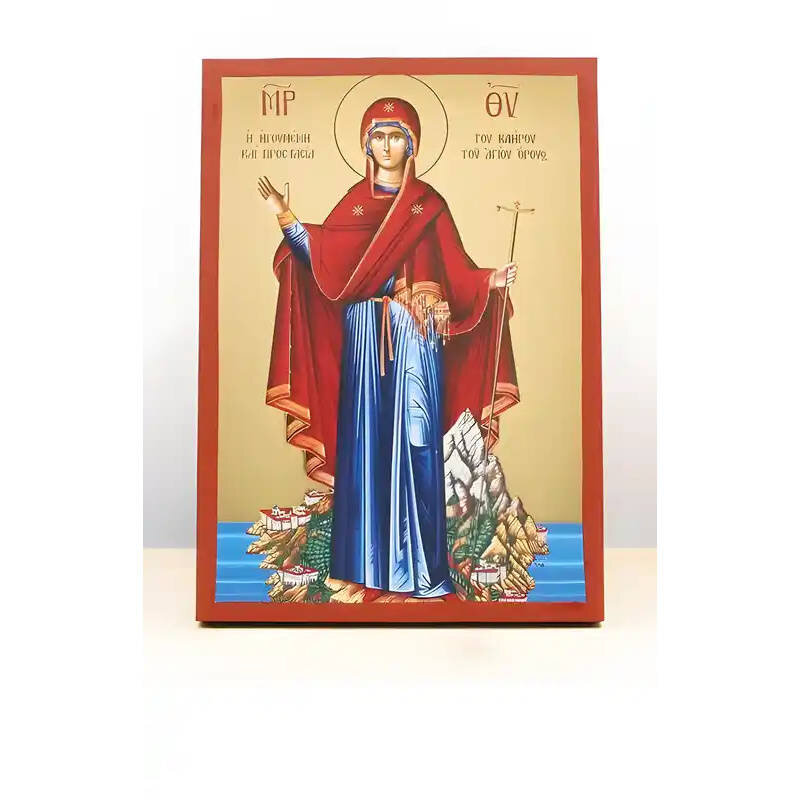 Εικόνα Ορθοδοξίας με περίγραμμα χρυσό σε ξύλο Φλαμουρίας  με  βάση Παναγία η Προστάτιδα του Αγίου Όρους, Ξύλινη Χειροποίητη Εικόνα με  Ψηφιακή Εκτύπωση Ελληνικού Βυζαντινού Στυλ επιτοίχιας υψηλής ποιότητας Χειροποίητη Ελληνορθόδοξη εικόνα του Ιησού Χριστο