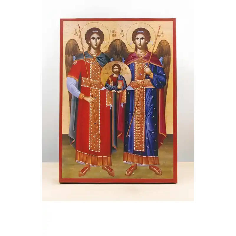 Εικόνα Ορθοδοξίας με περίγραμμα χρυσό σε ξύλο Φλαμουρίας  με  βάση Οι Αρχάγγελοι Μιχαήλ και Γαβριήλ «Ταξιάρξης» με τον Ιησού Χριστό, Ξύλινη Χειροποίητη Εικόνα Ελληνικού Βυζαντινού Στυλ Κρεμαστή σε Ξυλόπλακα Χειροποίητη Ελληνορθόδοξη εικόνα του Ιησού Χριστ