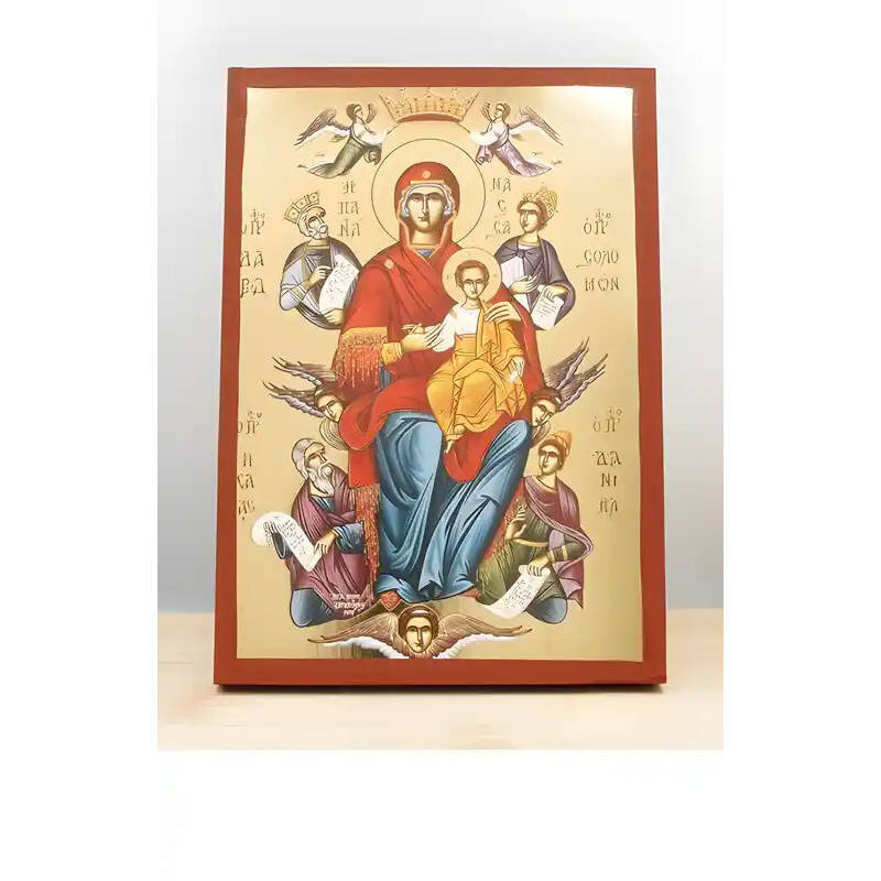 Εικόνα Ορθοδοξίας με περίγραμμα χρυσό σε ξύλο Φλαμουρίας  με  βάση Παναγία Ένθρονη Βασίλισσα του Σύμπαντος «Παντάνασα» με τον Ιησού, Ξύλινη Χειροποίητη Εικόνα με Φύλλο Χρυσού Ελληνικού Βυζαντινού Στυλ Χειροποίητη Ελληνορθόδοξη εικόνα του Ιησού Χριστού, Κρ